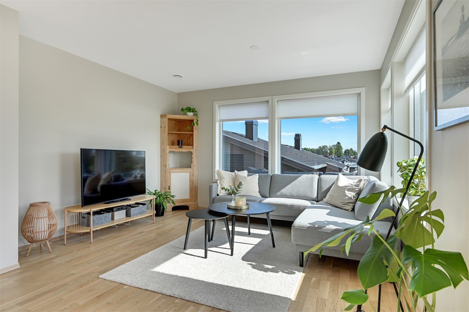 Stuen har god plass til en romslig sofagruppe og TV-møblement.