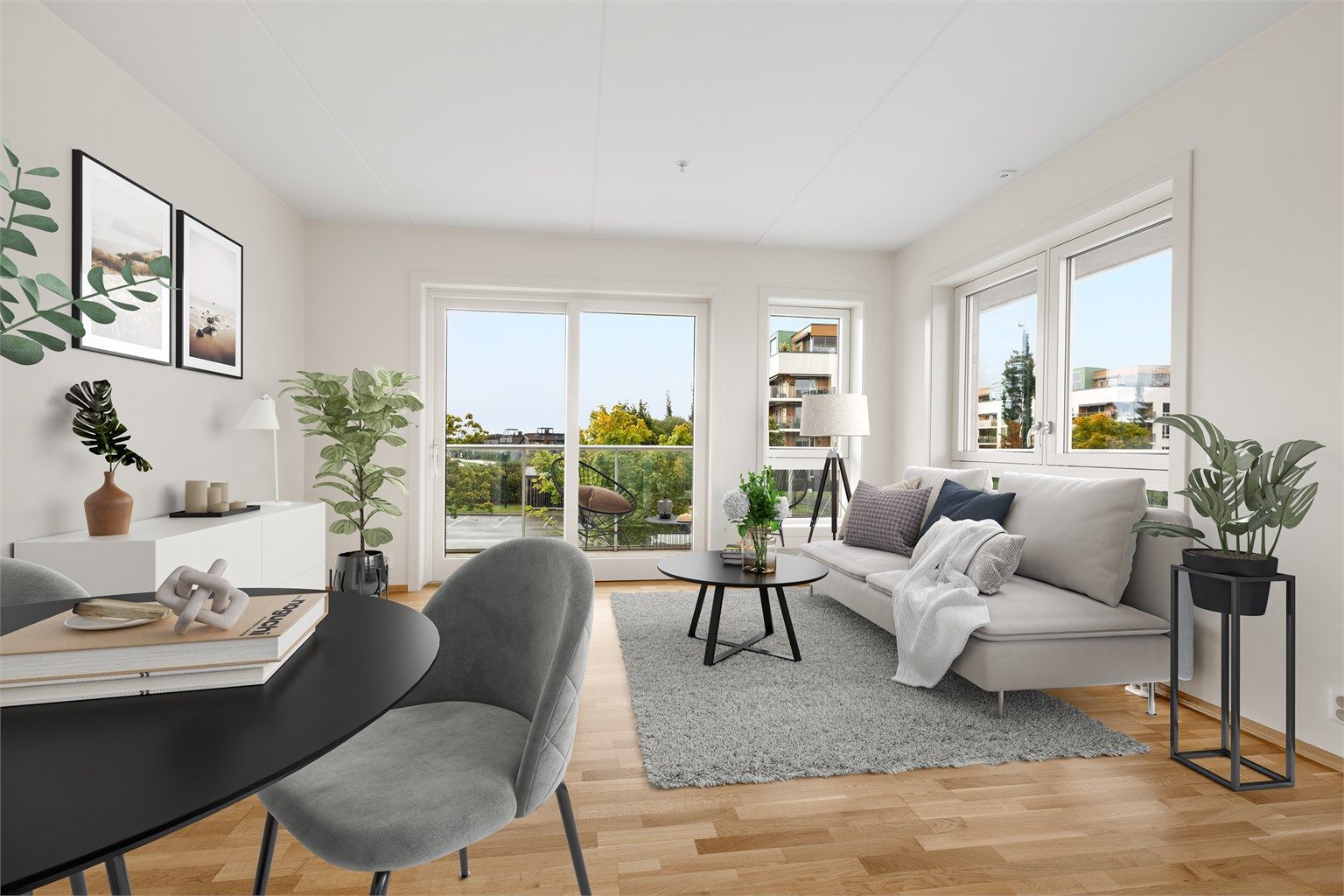 Stue med utgang til balkong (digital styling)