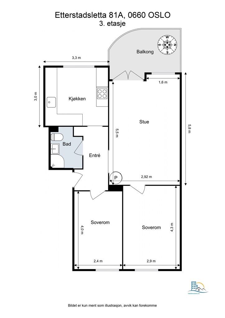 Leiligheten på 64 m² har en arealeffektiv planløsning med to soverom adskilt fra de sosiale sonene.