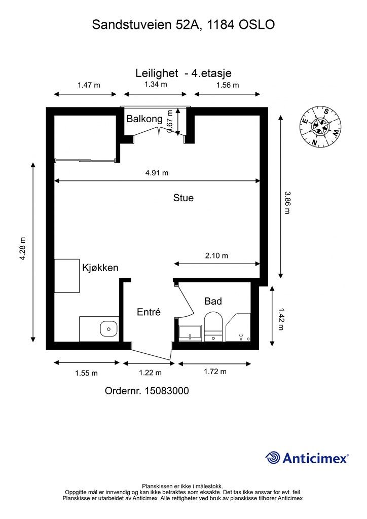 Plantegning- leiligheten ligger i 3 boligetasje, to etasjer opp fra inngangsplan.
