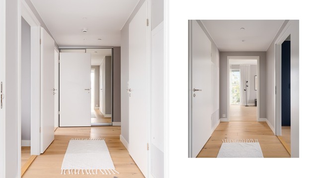 En gang med god lagringsplass i en skyvedørsgarderobe binder sammen stuen med soverommene og badet.