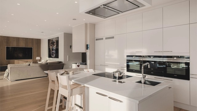 Kjøkkeninnredningen har integrert takventilator og hvitevarer i praktisk arbeidshøyde.