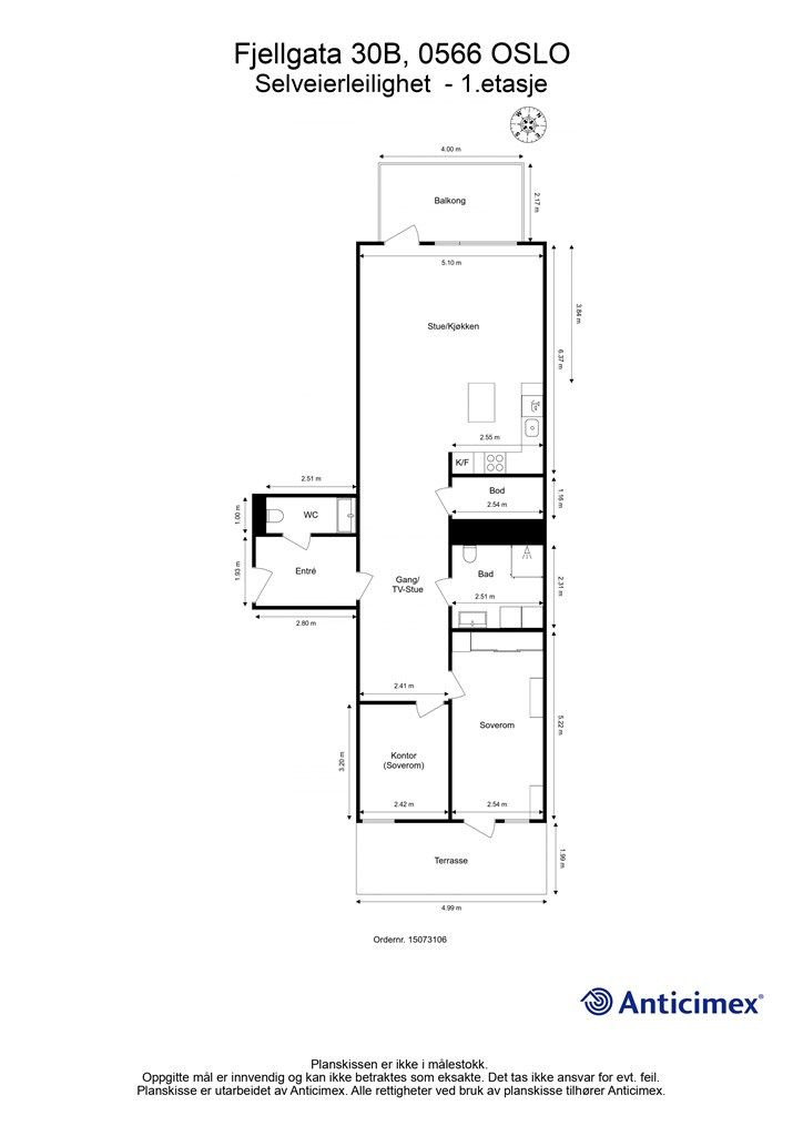 Plantegning. Legg merke til den gjennomgående planløsningen. 2. etasje mot bakgård og 1. etasje mot Fjellgata.