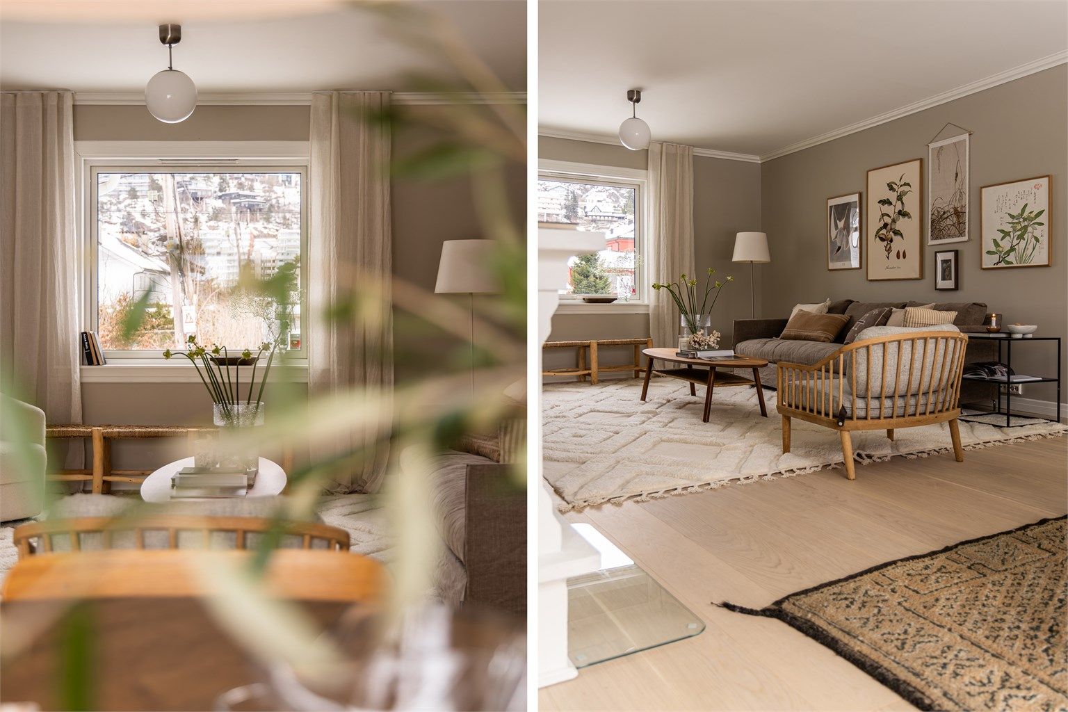 I 2025 ble det lagt lekker 1-stavs eikeparkett i stue og kjøkken, samtidig ble alle flater malt i en rolig beige tone som står godt til eikegulvet