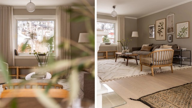 I 2025 ble det lagt lekker 1-stavs eikeparkett i stue og kjøkken, samtidig ble alle flater malt i en rolig beige tone som står godt til eikegulvet