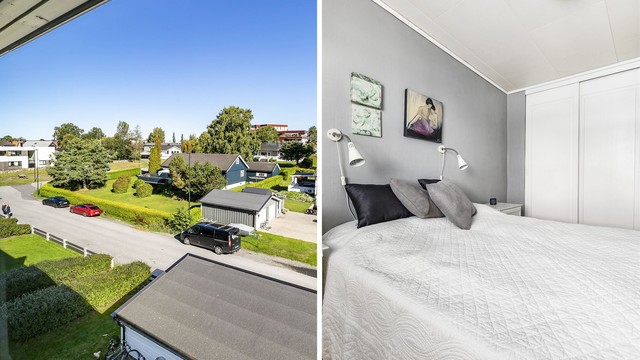 I hovedsoverommet kan klærne oppbevares oversiktlig og lett tilgjengelig i skyvedørsgarderobe.
