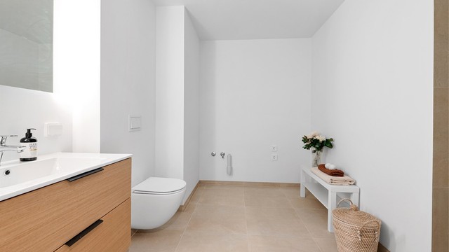 Det ene badet har opplegg for vaskemaskin og tørketrommel.