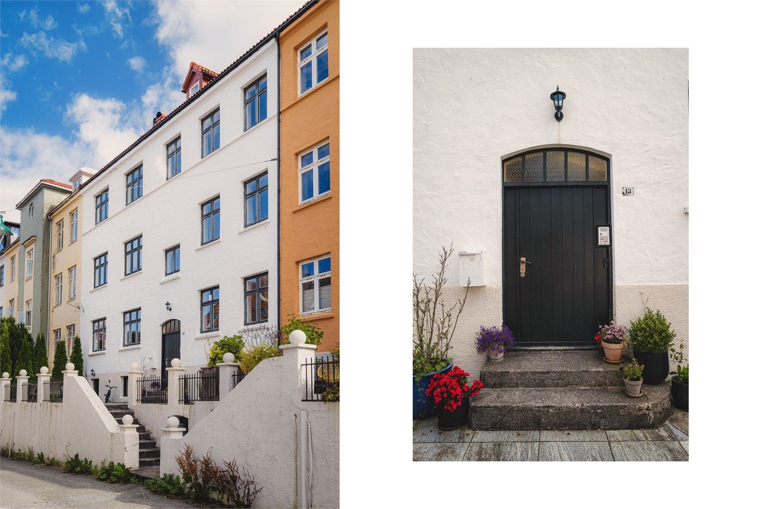 Klassisk inngangsparti i et flott murbygg med pusset fasade.
