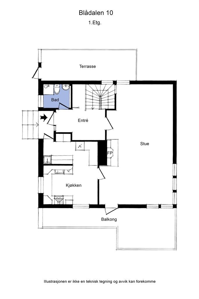 Plantegning av 1 etasje. 