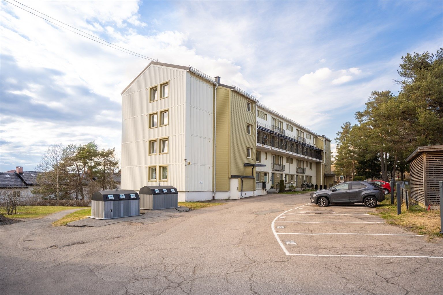 Asfaltert adkomst og biloppstillingsplasser på felles tomt.