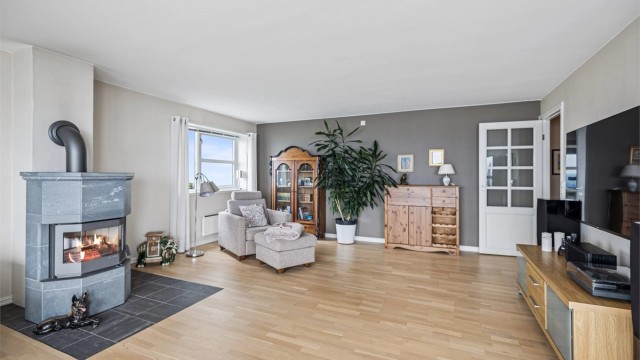 For ekstra hygge og varme på kalde kvelder kan det fyres opp i den flotte klebersteinsovnen.