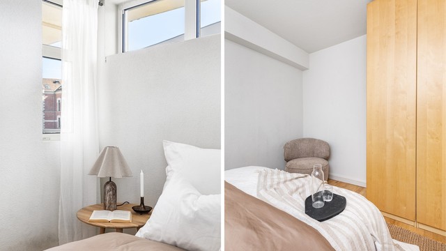 Hovedsoverommet er på nesten 10 kvm. og innredet med stort garderobeskap som medfølger.