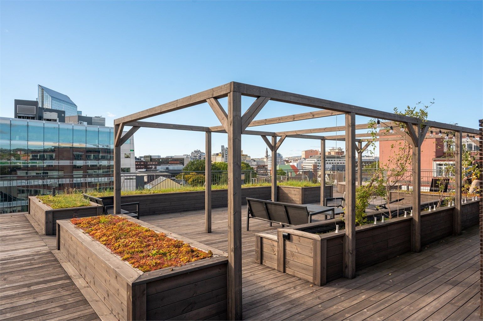 Takterrassen har parsellkasser, pergola og flere sittegrupper som kan benyttes av beboerne.