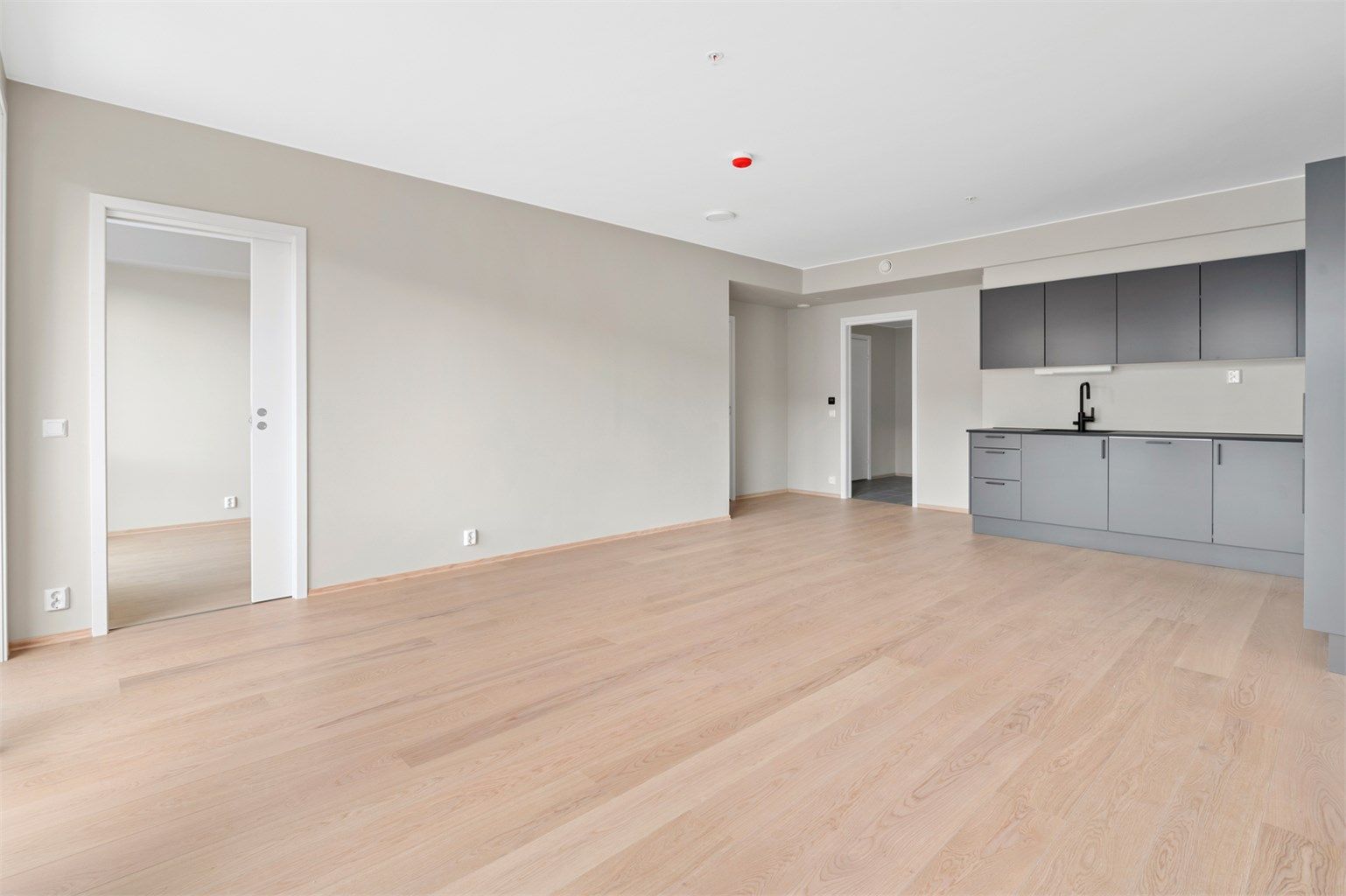 Romslig stue med god plass til både sofa- og spisegruppe. 