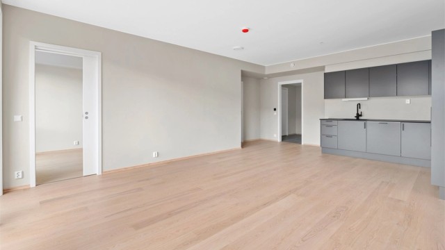 Romslig stue med god plass til både sofa- og spisegruppe.