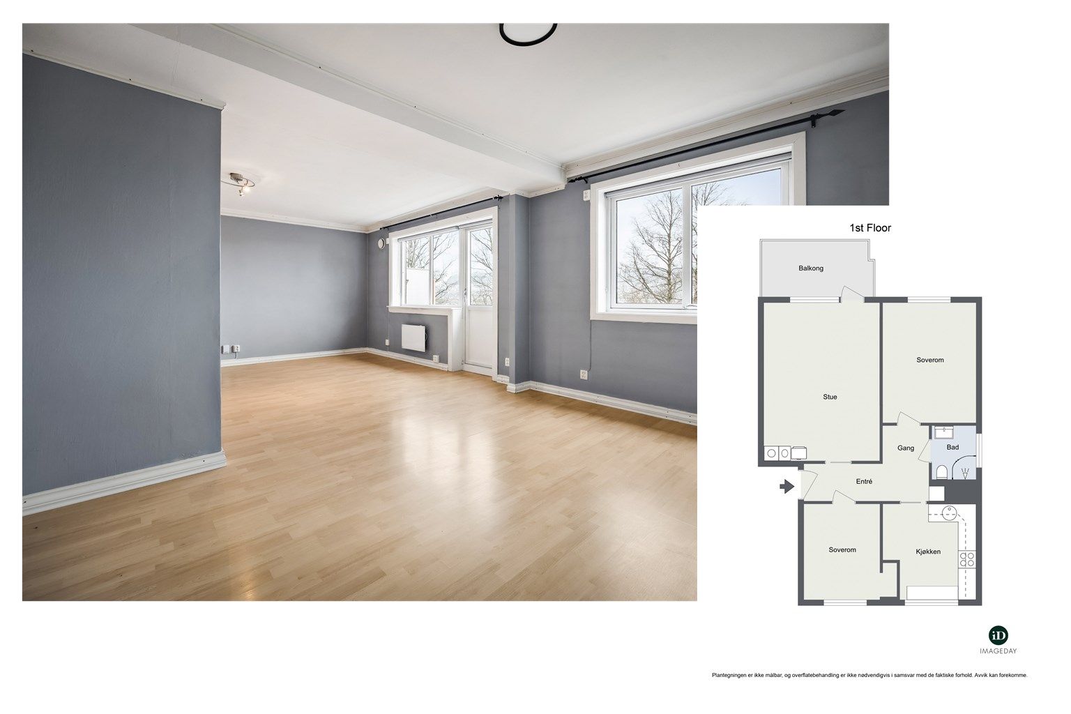 Leiligheten er opprinnelig godkjent med 2 soverom, planløsning illustrert på plantegning