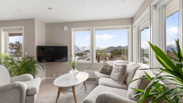 Flott utsikt over sunnmørsalpane fra sofakroken på stuen