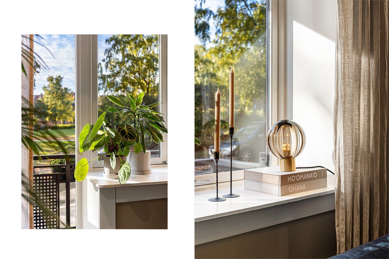 De dype vindusbrettene er perfekte for planter, lys og pyntegjenstander, og slipper inn rikelig med dagslys. Utenfor danser trekronene i vinden, og gir deg en grønn og levende utsikt som skifter med årstidene.