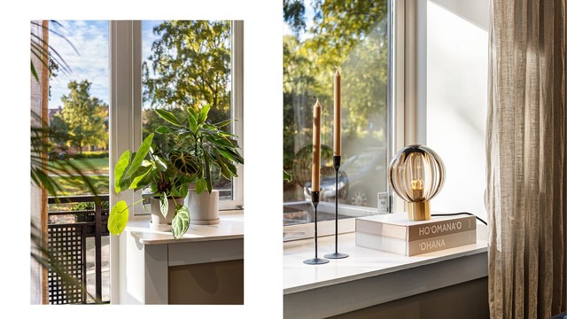 De dype vindusbrettene er perfekte for planter, lys og pyntegjenstander, og slipper inn rikelig med dagslys. Utenfor danser trekronene i vinden, og gir deg en grønn og levende utsikt som skifter med årstidene.