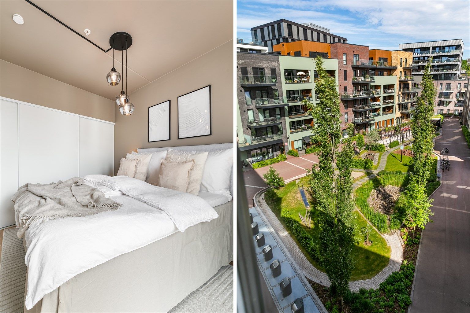 Fra begge soverom er det fin utsikt over det grønne torget midt i Støperiet.