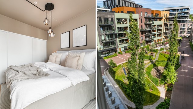 Fra begge soverom er det fin utsikt over det grønne torget midt i Støperiet.