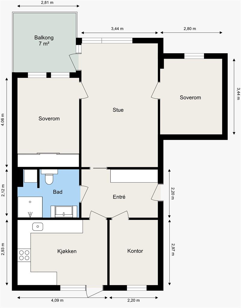 Plantegningen viser en arealeffektiv leilighet med tre soverom og en god planløsning.