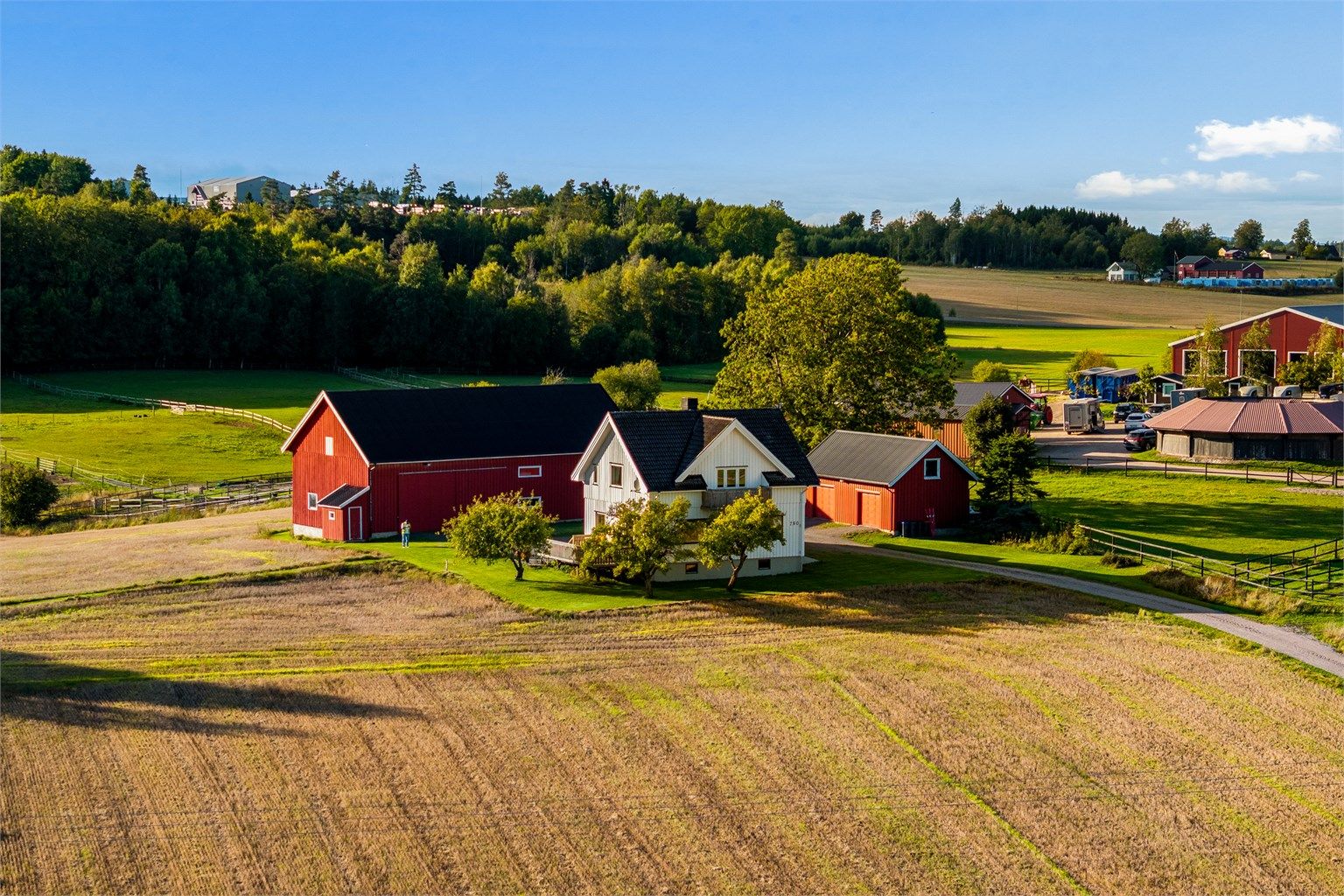 Gårdstunet har en luftig plassering omkranset av grønne jorder og etablert vegetasjon.