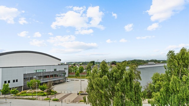 Utsikt mot nærområdet med gangavstand til sports- og kulturarrangementer.