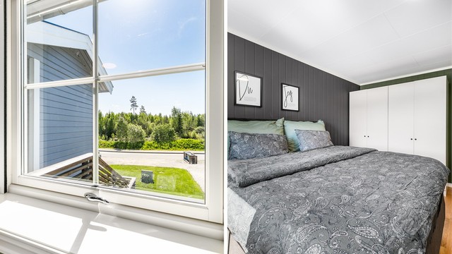 Soverommene har vinduer orientert i sørøstlig retning og er dermed ikke direkte utsatt for varmende sol på ettermiddag eller kveld.