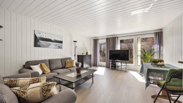 Stuen har plass til både sofagruppe og spisebord, med overflater som inkluderer laminatgulv og panel på veggene.