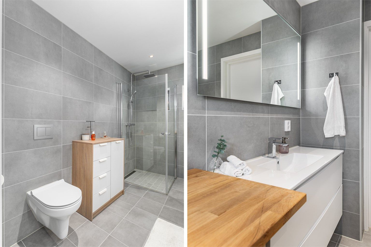 Fliser i grå nyanser på gulv og vegger gir badet helhet. 
Spottene innfelt i himlingen kan dimmes.