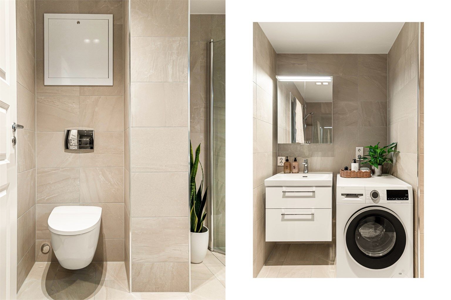 - Opplegg for vaskemaskin og god oppbevaringsplass i vegghengt innredning -