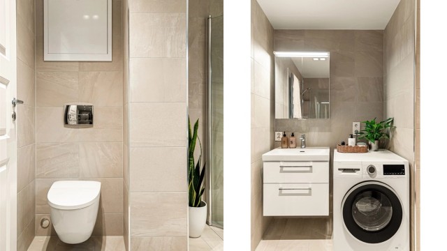 - Opplegg for vaskemaskin og god oppbevaringsplass i vegghengt innredning -