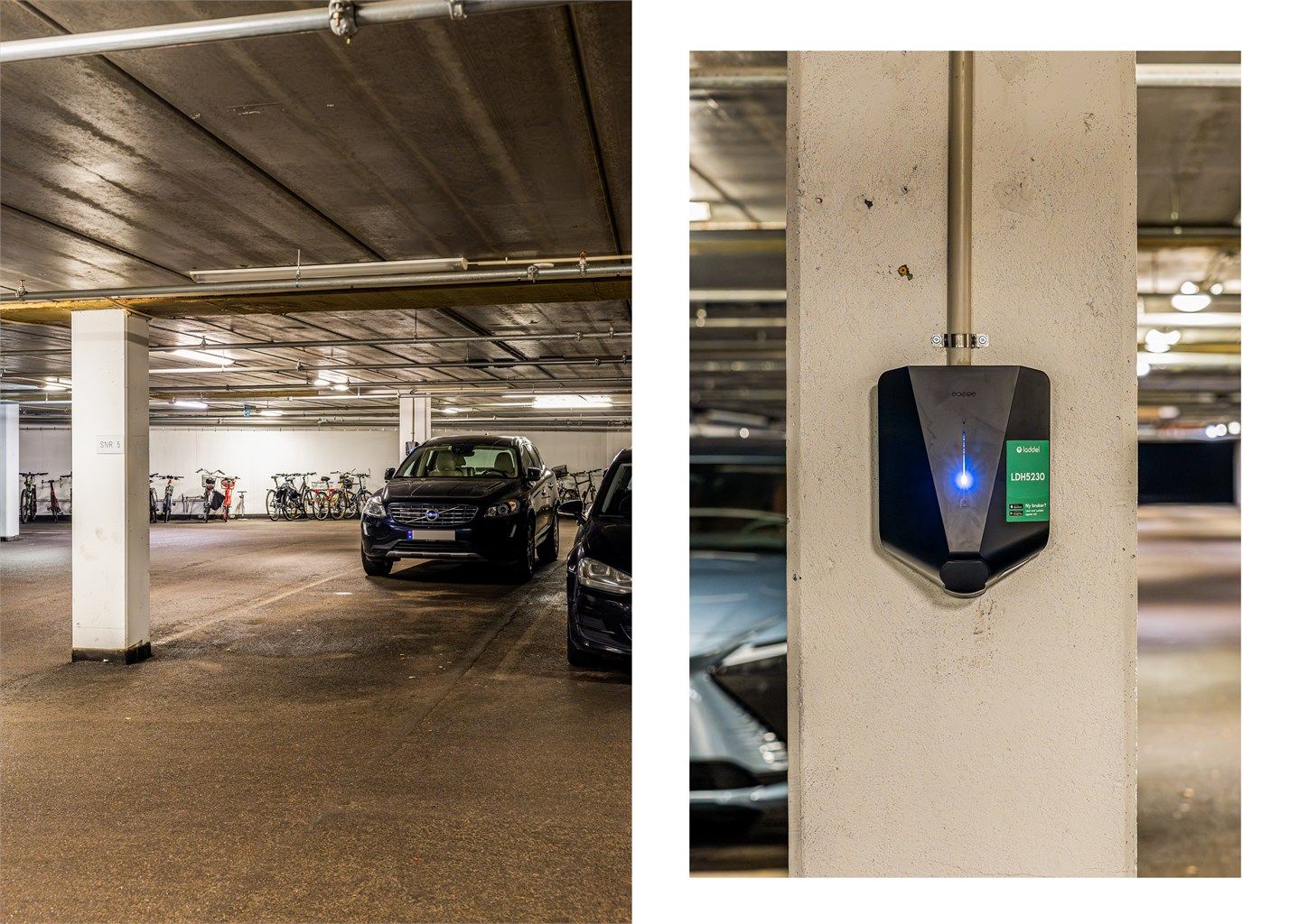 Det medfølger parkeringsplass i felles garasjekjeller. Plass nr. 5. Det er montert lader for EL-bil. Garasjekjeller også for gjester via q-park.