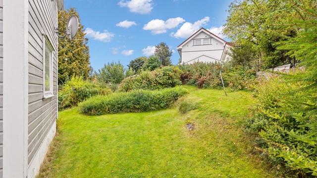 Svakt skrånende tomt, på baksiden av huset, med gode plenarealer og variert beplantning.