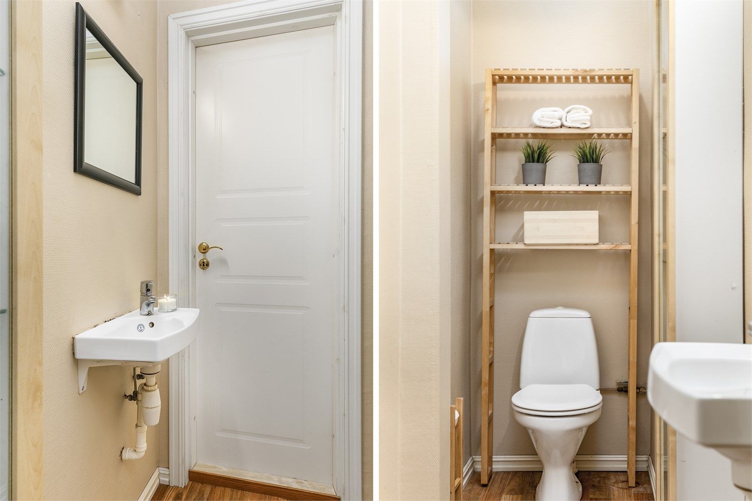 Klosett finnes i separat toalettrom, vegg i vegg med badet.