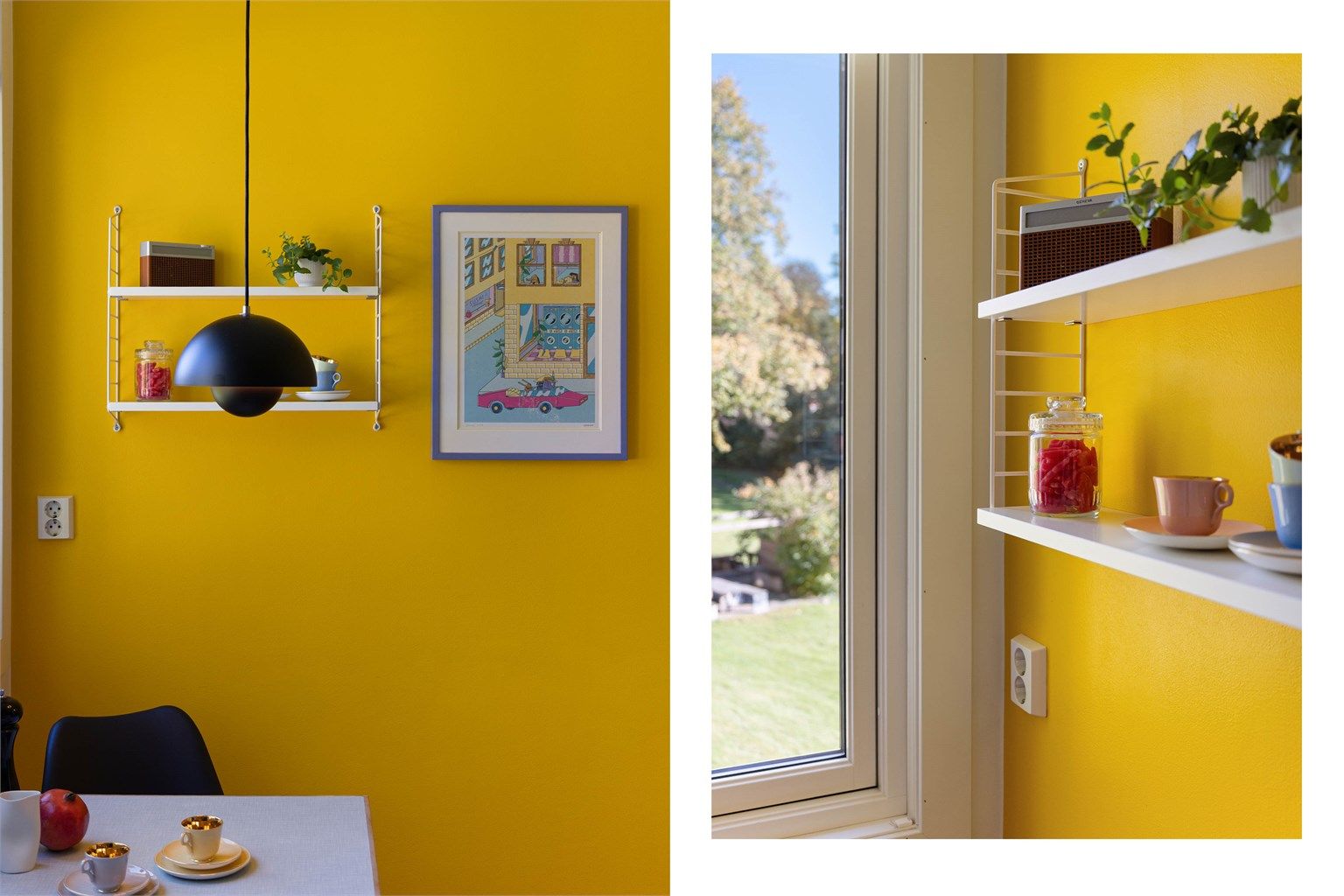 Gjennomtenkte detaljer gir kjøkkenet sjel. Lette, åpne hyller mot den gule veggen gir rom for planter og pent servise, mens vinduet slipper inn rikelig med dagslys og byr på utsyn mot grønne omgivelser.
