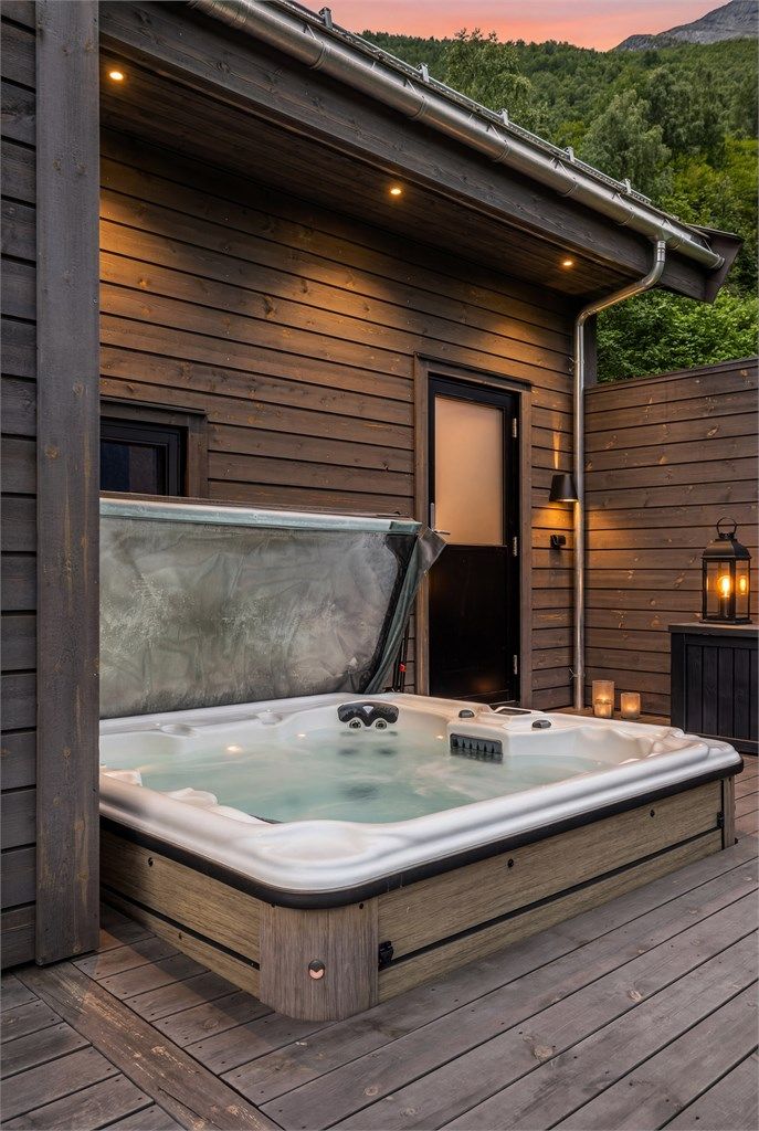 Jacuzzien er lekkert, nedfelt i terrassen og svært praktisk med direkte tilkomst inn til bad. Det er og montert utekran for vann ved jacuzzien, i tillegg til ved carport