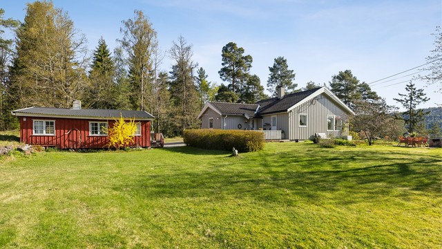 Eiendommen har en romslig hage med gressplen, dekorativ beplantning og frukttrær. God plass til oppføring av drivhus og f.eks grønnsakshage. I tillegg god plass til lek og aktivitet.