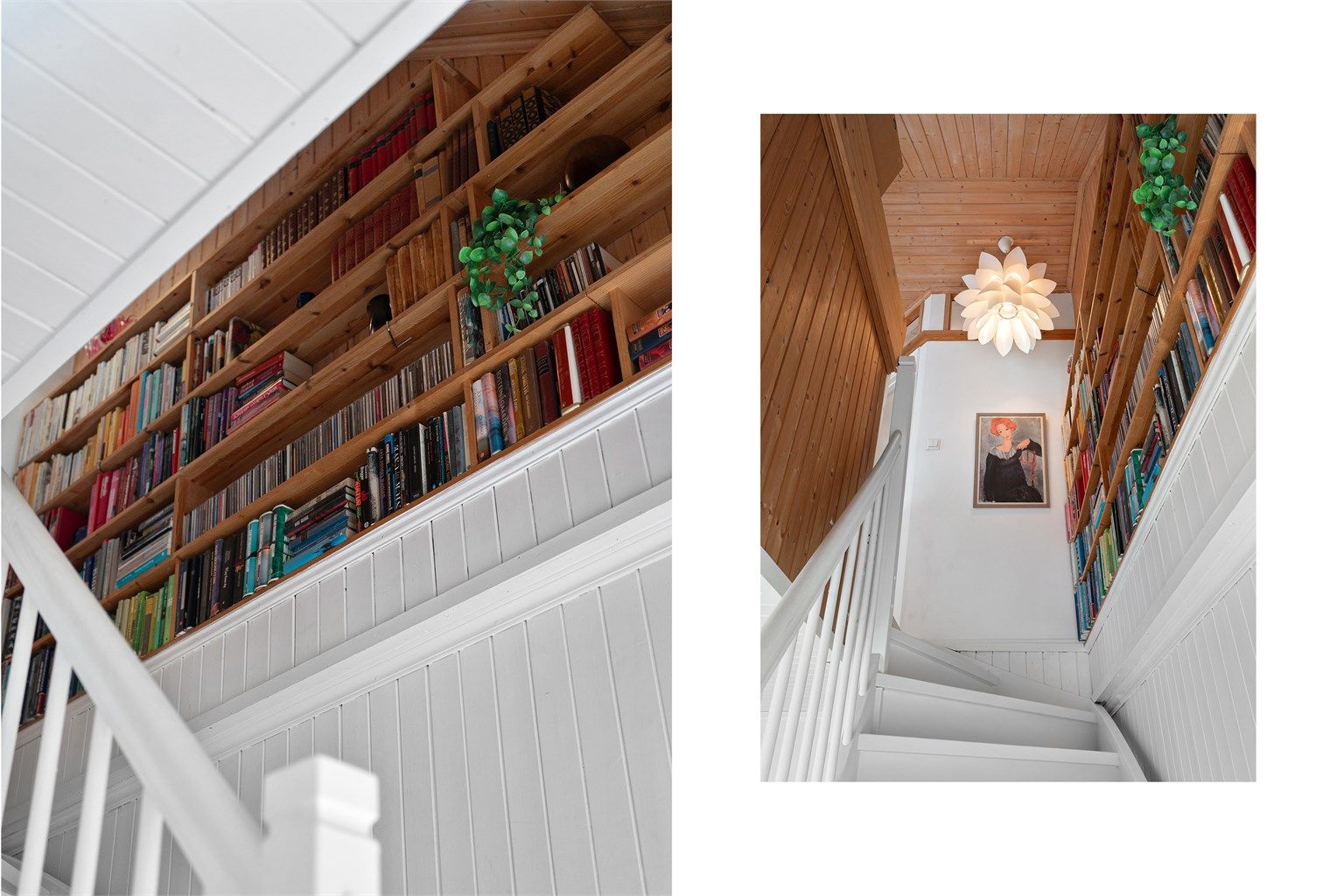 Trappen opp leder til en åpen og lys loftsetasje. Her gir skråtak, arker og ekstra takhøyde en egen karakter.