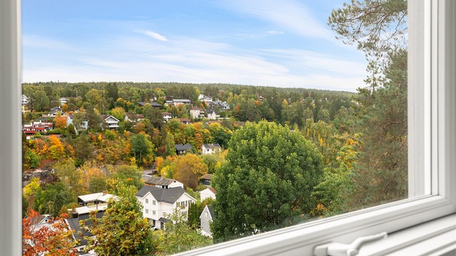 Vakkert utsyn over trekronene og det etablerte boligområdet.