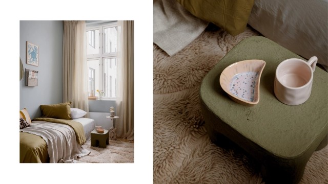 Det minste soverommet er slett ingen mørk hule det heller. Her får du lekre fargekombinasjoner, lys og kaffe på senga!