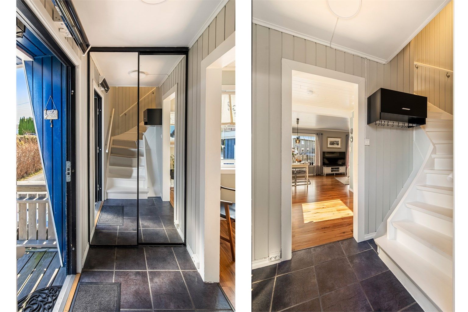 Flislagt entre med skyvedørsgarderobe. Velkommen