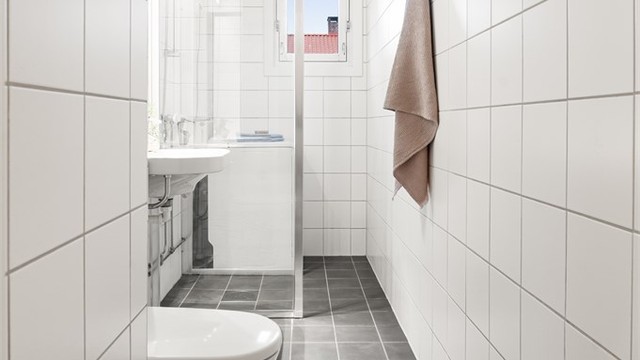 Dusjsone med glassvegger og dusjarmatur tilkoblet hånddusj.