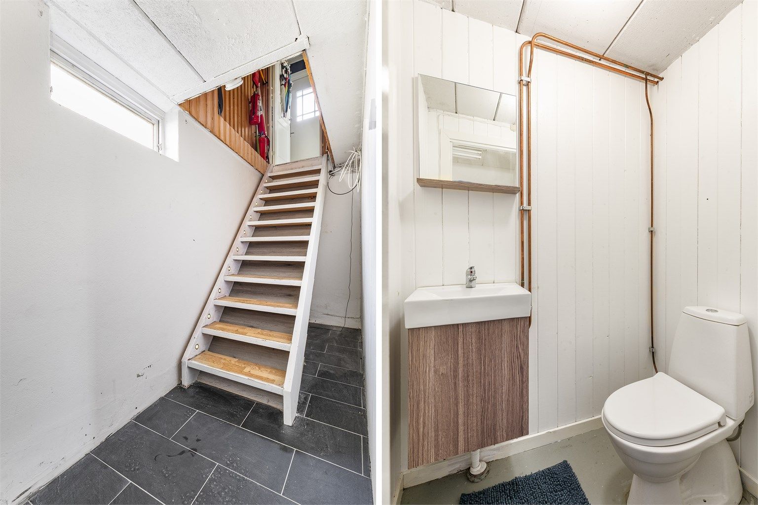Rett etter kjellertrappen finnes både toalettrom og vaskerom. Toalettrommet er oppgradert med moderne møbler i nyere tid.