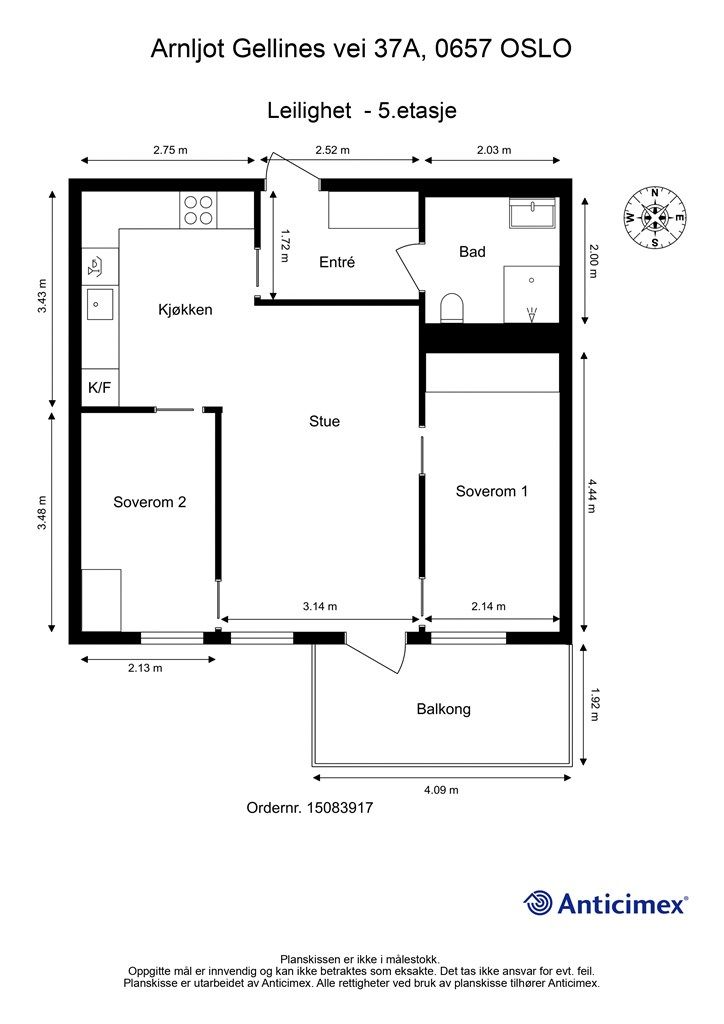 Arealeffektiv planløsning med to soverom og åpen løsning. Leiligheten disponerer en bod på 5 m² i kjelleren.