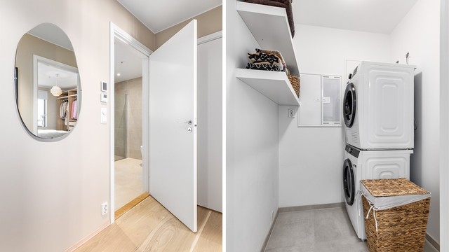 Leilighetens innvendige bod fyller også rollen som teknisk rom/vaskerom. Boden finnes innerst i gangen.