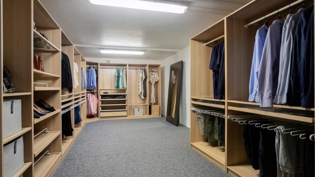 Stort walk-in closet gir rikelig med oppbevaringsplass for klær og sko.