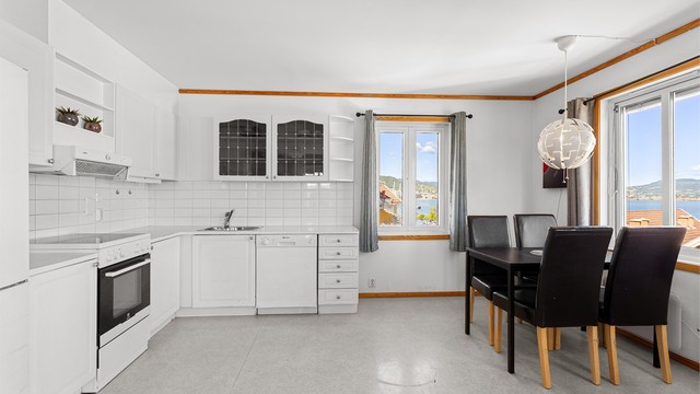 Opplegg for frittstående kjøle-/fryseskap, komfyr og oppvaskmaskin. Videre er kjøkkenet utstyrt med ventilator og oppvaskkum.
