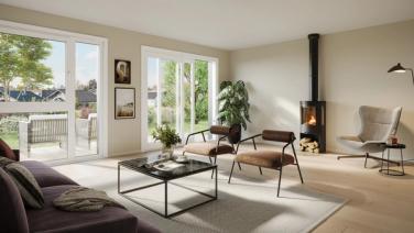 Lys og tiltalende stue med utgang til markterrasse - boligtype A. Vedovn kan bestilles som tilvalg.